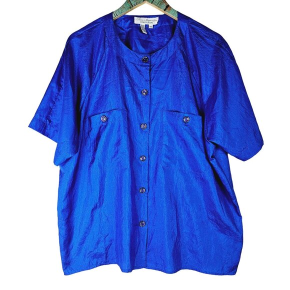 Vtg Laura & Jayne Two Collection Bright Blue Silky Big Button Pocket Blouse, 18W - Picture 1 of 6